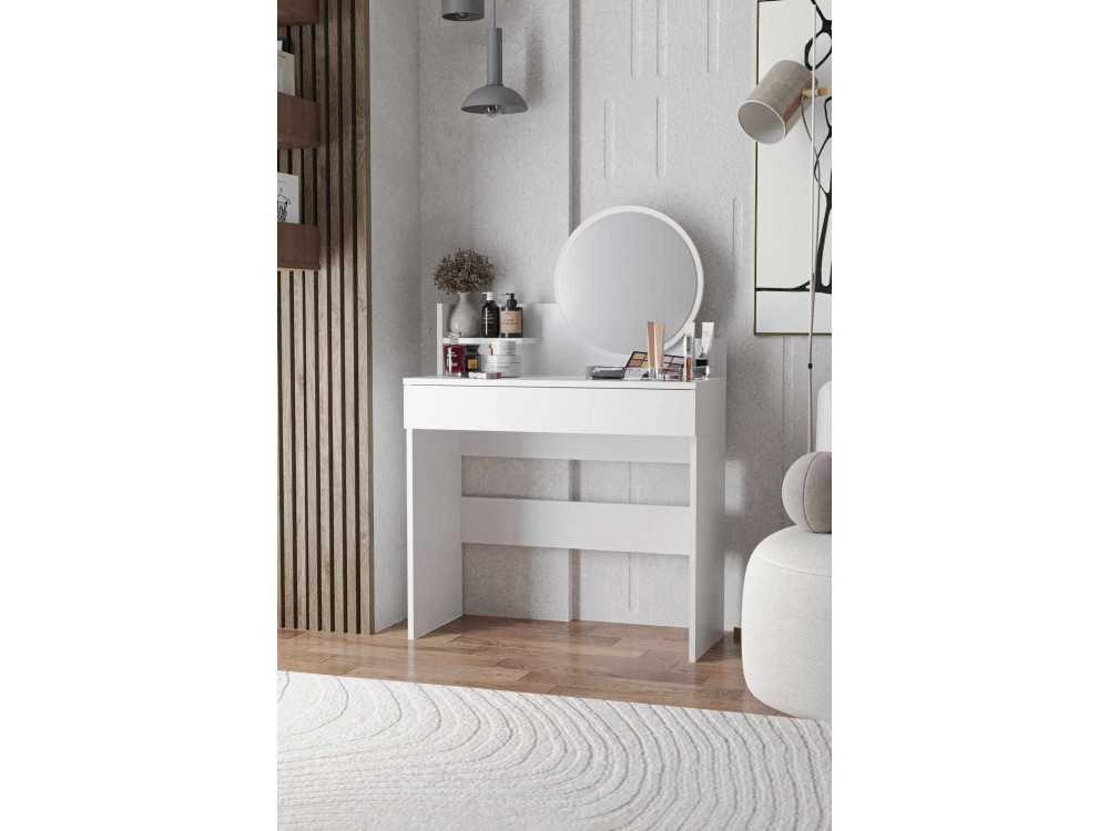 Toucador "Harmony Mini Round" com espelho de madeira - 90 x 40 x 133 cm - Branco