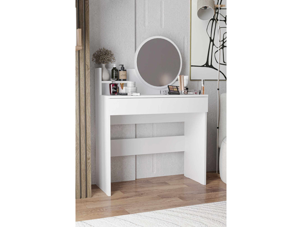 Toucador "Harmony Mini Round" com espelho de madeira - 90 x 40 x 133 cm - Branco