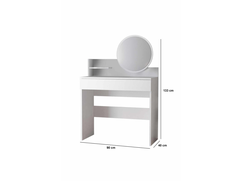 Toucador "Harmony Mini Round" com espelho de madeira - 90 x 40 x 133 cm - Branco
