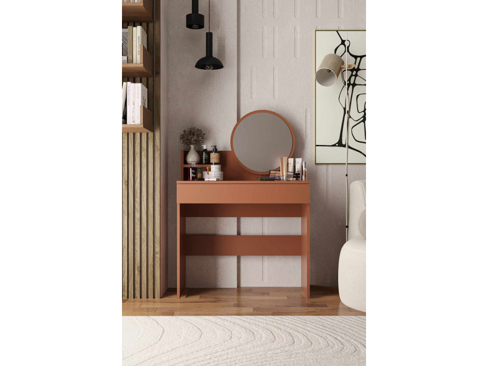 Penteadeira "Harmony Mini Round" com espelho de madeira - 90 x 40 x 133 cm - Terracota