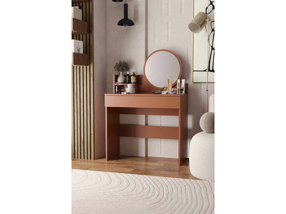 Penteadeira "Harmony Mini Round" com espelho de madeira - 90 x 40 x 133 cm - Terracota