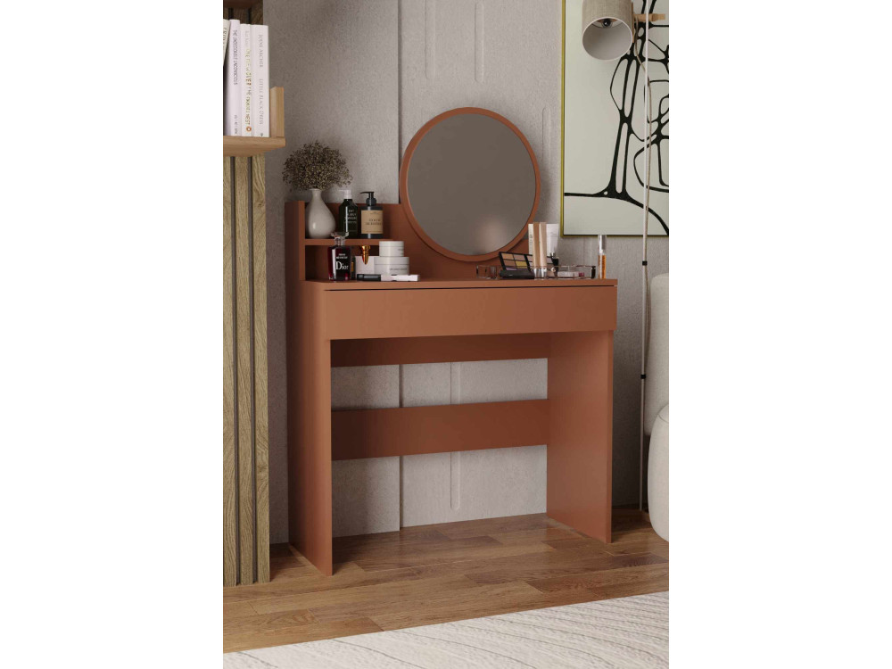 Penteadeira "Harmony Mini Round" com espelho de madeira - 90 x 40 x 133 cm - Terracota
