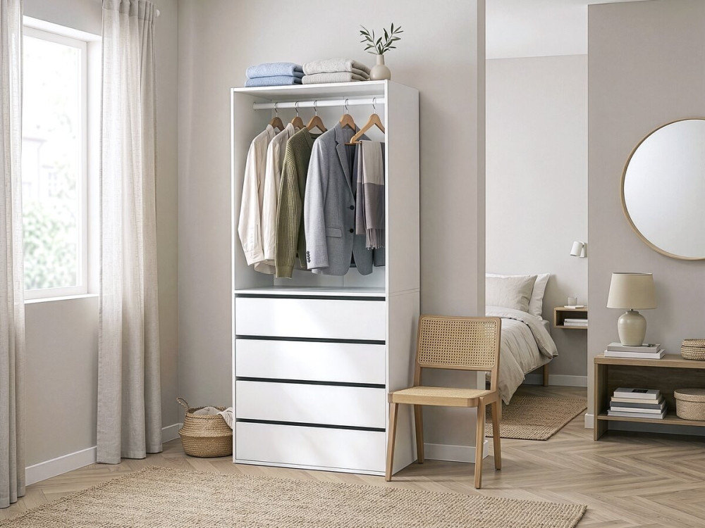 Roupeiro "Opéra" com 4 gavetas e 1 espaço para pendurar - 80 x 45 x 180 cm - Branco