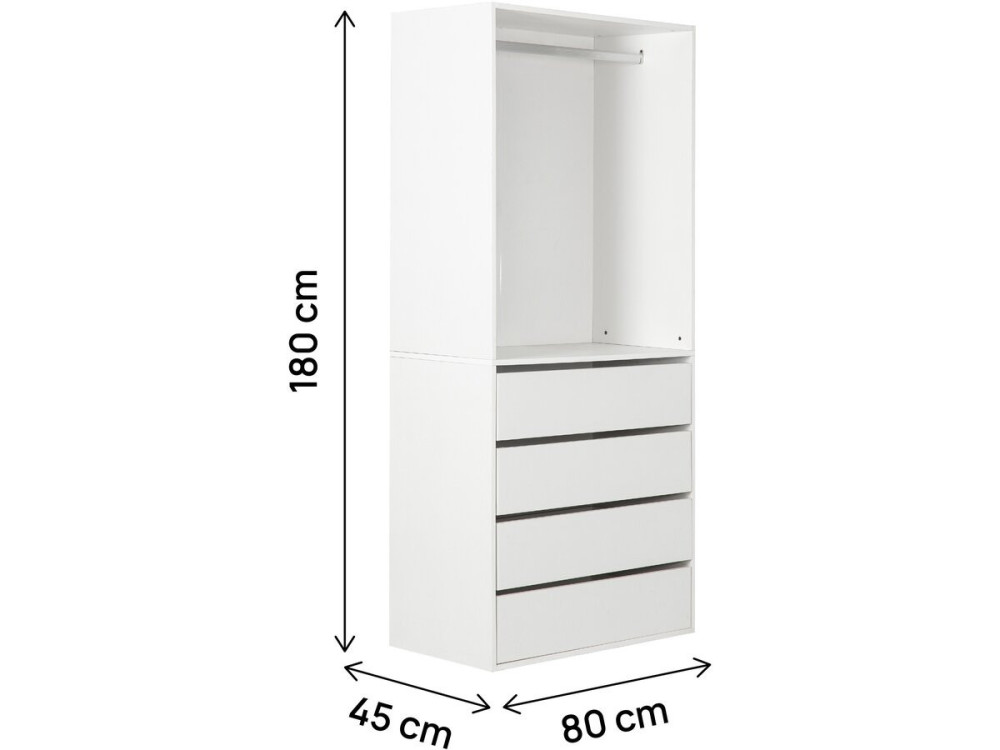 Roupeiro "Opéra" com 4 gavetas e 1 espaço para pendurar - 80 x 45 x 180 cm - Branco