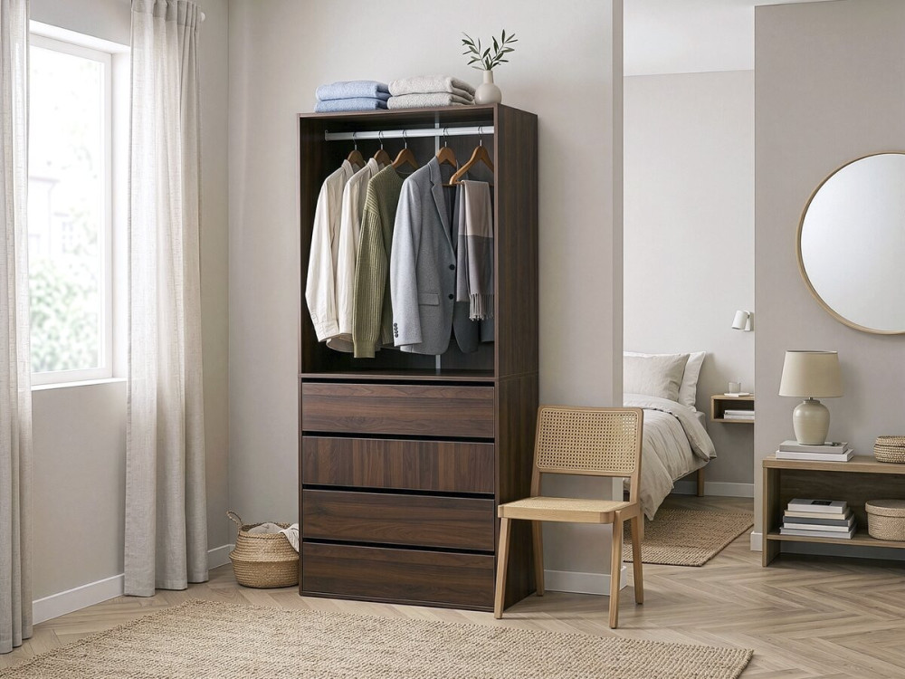 Roupeiro "Opéra" com 4 gavetas e 1 espaço para pendurar - 80 x 45 x 180 cm - Castanho