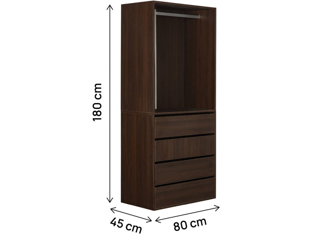 Roupeiro "Opéra" com 4 gavetas e 1 espaço para pendurar - 80 x 45 x 180 cm - Castanho