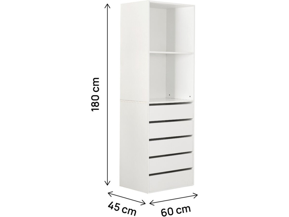 Roupeiro "Opéra" com 5 gavetas e 2 prateleiras - 60 x 45 x 180 cm - Branco