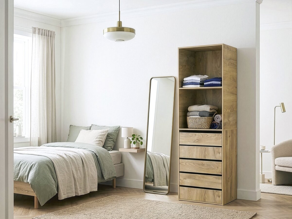 Roupeiro "Opéra" com 5 gavetas e 2 prateleiras - 60 x 45 x 180 cm - Bege
