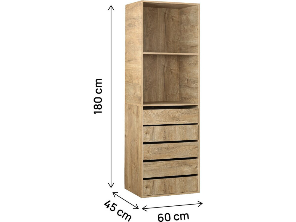 Roupeiro "Opéra" com 5 gavetas e 2 prateleiras - 60 x 45 x 180 cm - Bege