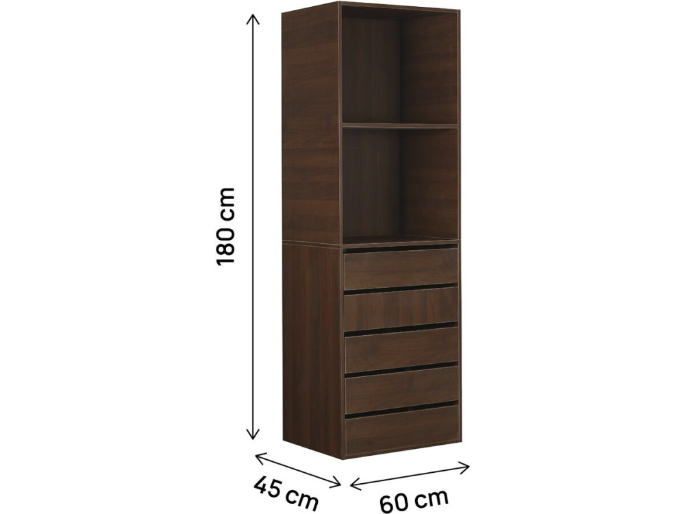 Armário "Opéra" com 5 gavetas e 2 prateleiras - 60 x 45 x 180 cm - Castanho