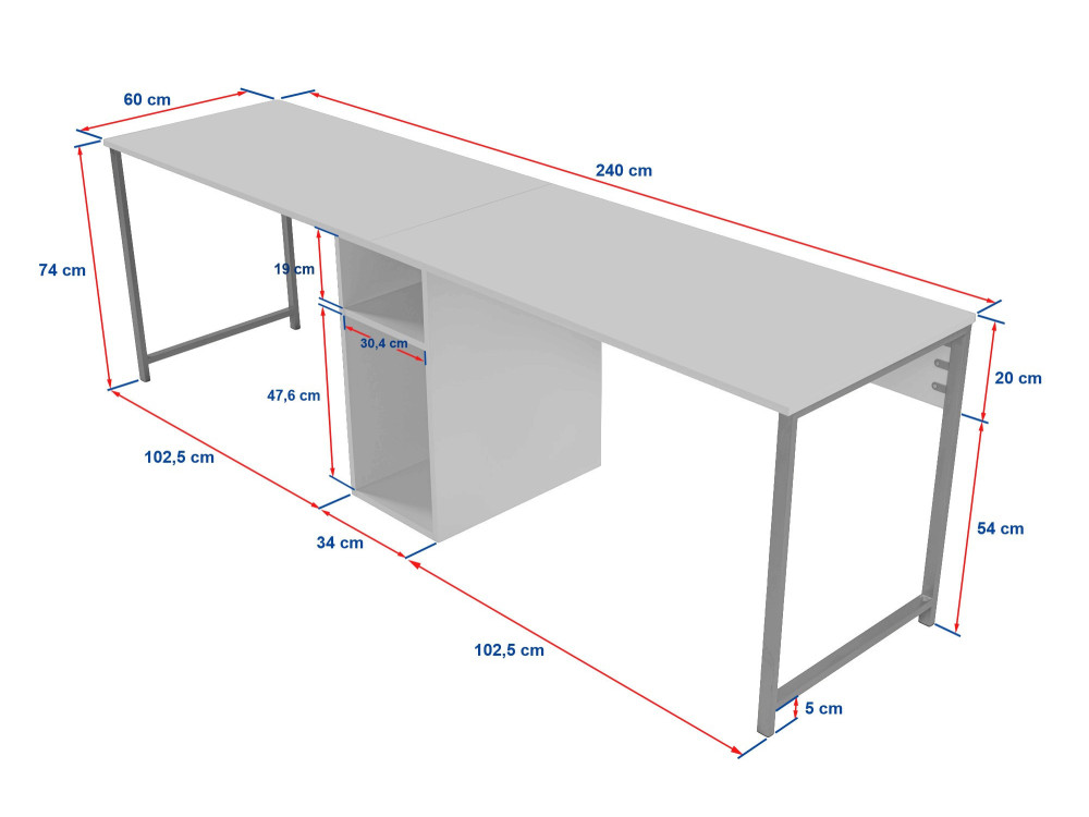 Secretária de estudo Twin - 240 x 60 x 74 cm - TravertinOr