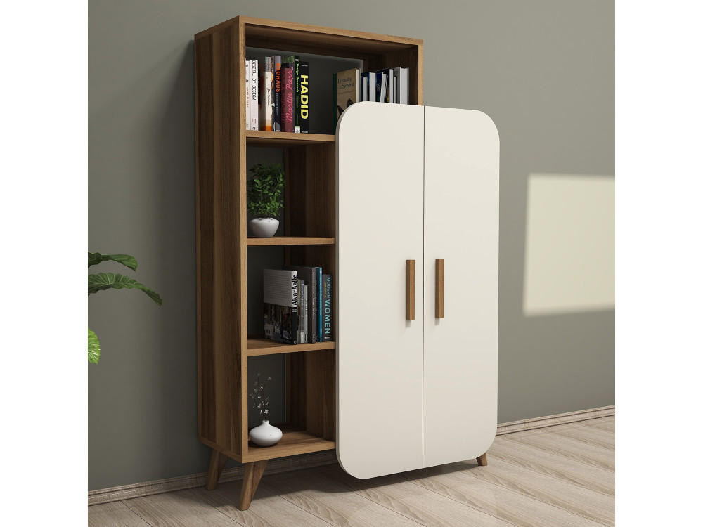 Armário de madeira "Form" com prateleiras - 90 x 32 x 132 cm - Creme de nogueira