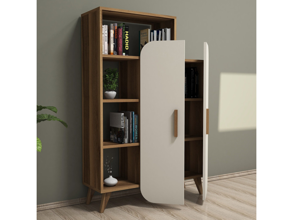 Armário de madeira "Form" com prateleiras - 90 x 32 x 132 cm - Creme de nogueira