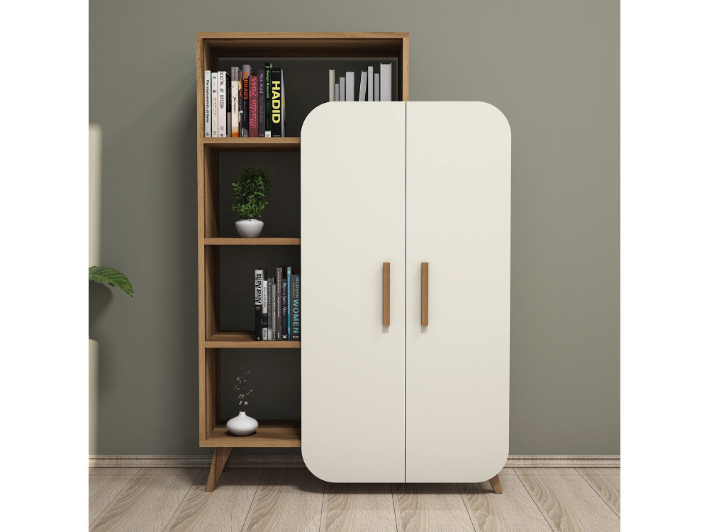 Armário de madeira "Form" com prateleiras - 90 x 32 x 132 cm - Creme de nogueira