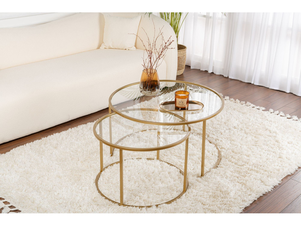 Conjunto de 2 mesas de centro metálicas "Aurum" - 80 x 80 x 43 cm - Ouro transparente