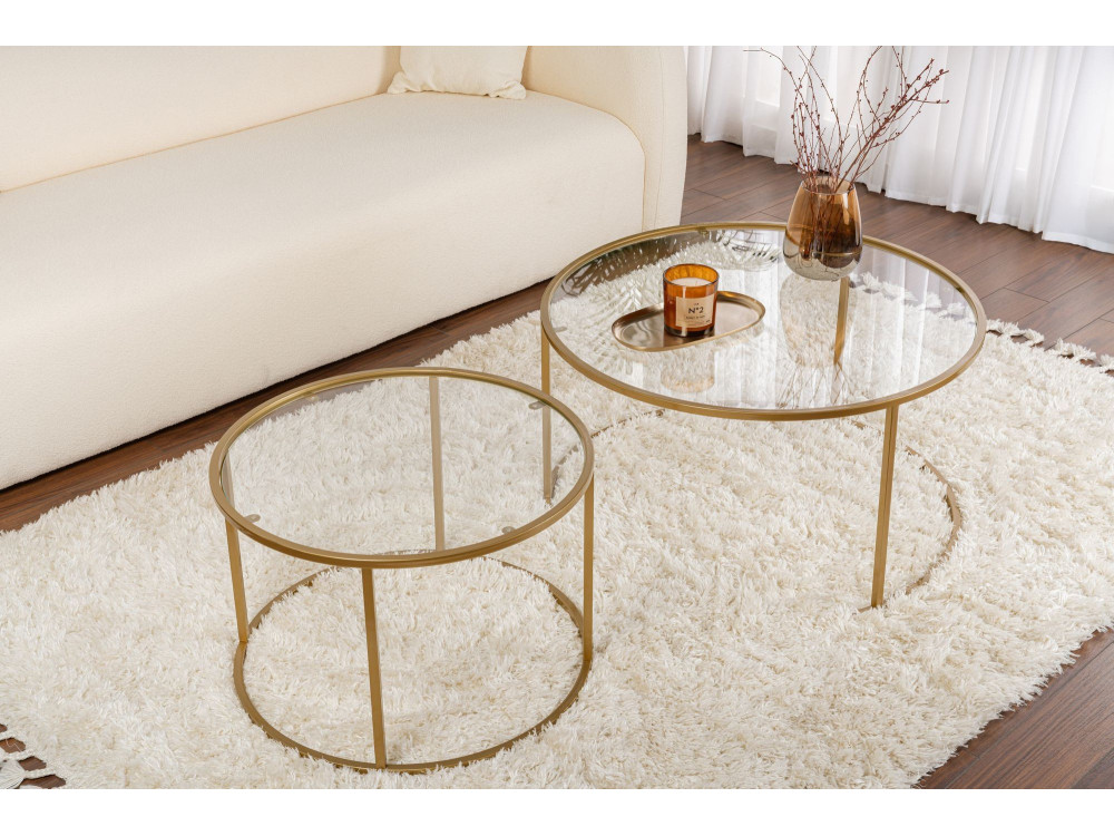 Conjunto de 2 mesas de centro metálicas "Aurum" - 80 x 80 x 43 cm - Ouro transparente
