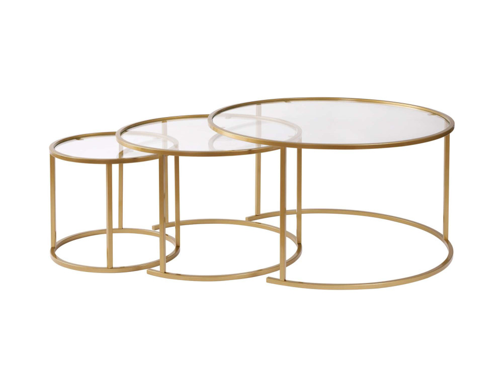 Conjunto de 3 mesas de centro metálicas "Aurum" - 80 x 80 x 43 cm - Ouro transparente