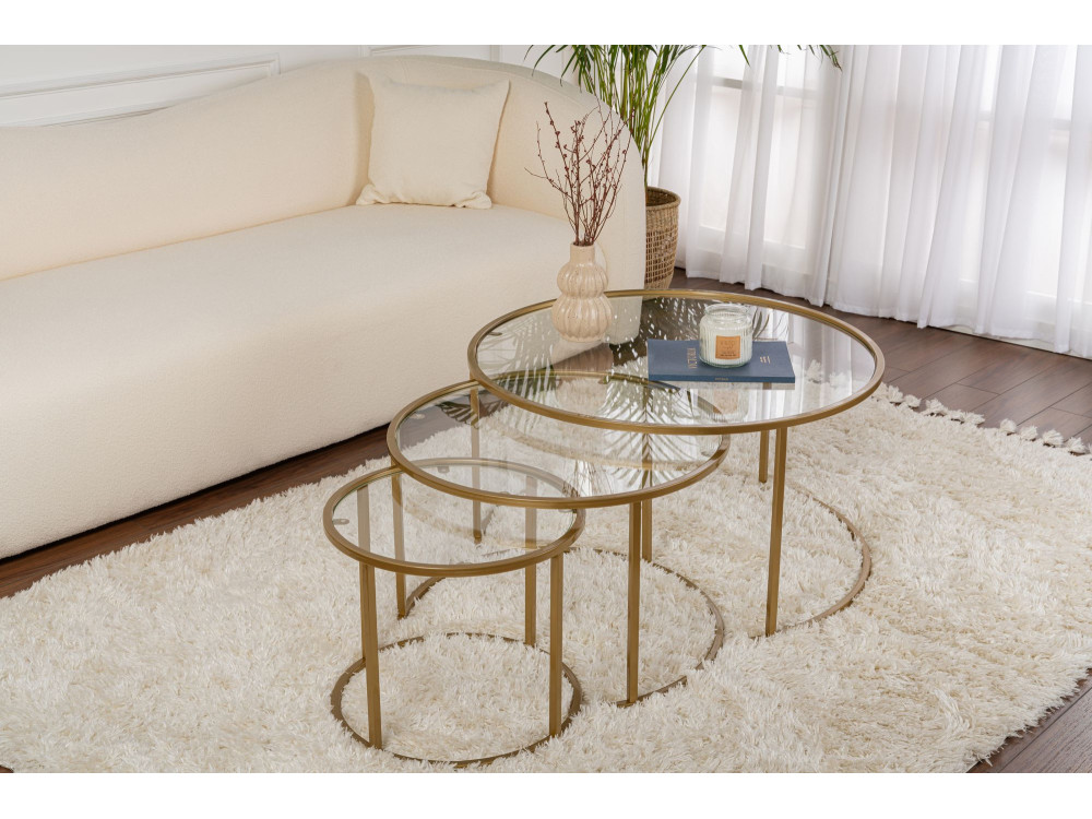 Conjunto de 3 mesas de centro metálicas "Aurum" - 80 x 80 x 43 cm - Ouro transparente