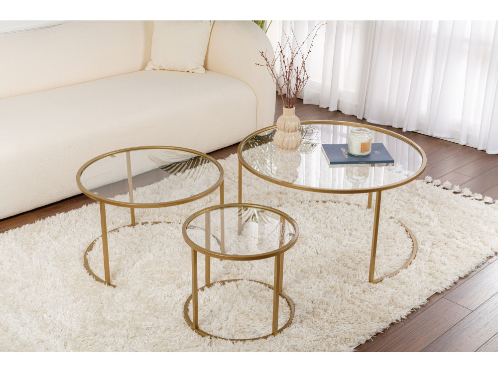 Conjunto de 3 mesas de centro metálicas "Aurum" - 80 x 80 x 43 cm - Ouro transparente