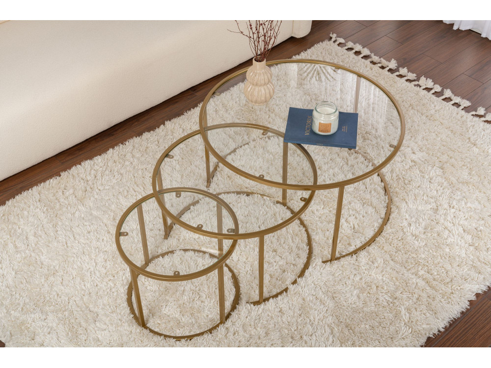 Conjunto de 3 mesas de centro metálicas "Aurum" - 80 x 80 x 43 cm - Ouro transparente