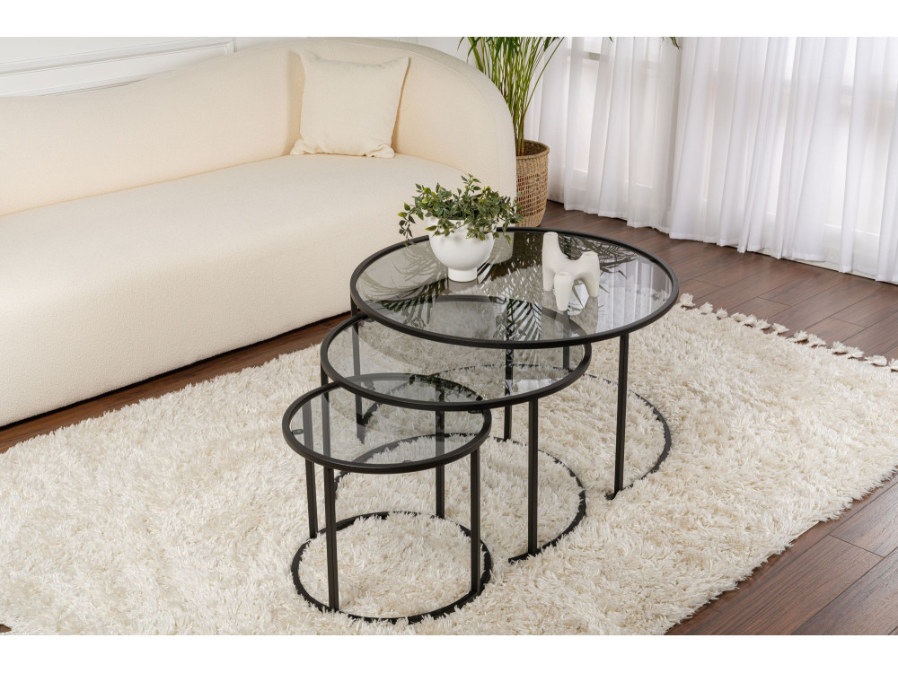 Conjunto de 3 mesas de centro metálicas "Aurum" - 80 x 80 x 43 cm - Preto cinzento