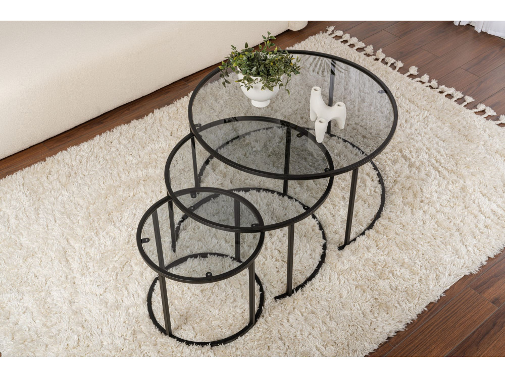 Conjunto de 3 mesas de centro metálicas "Aurum" - 80 x 80 x 43 cm - Preto cinzento