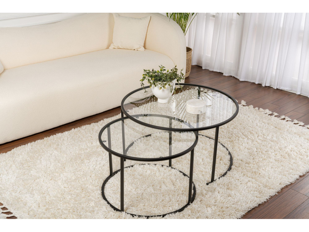 Conjunto de 2 mesas de centro metálicas "Aurum" - 80 x 80 x 43 cm - Preto Transparente