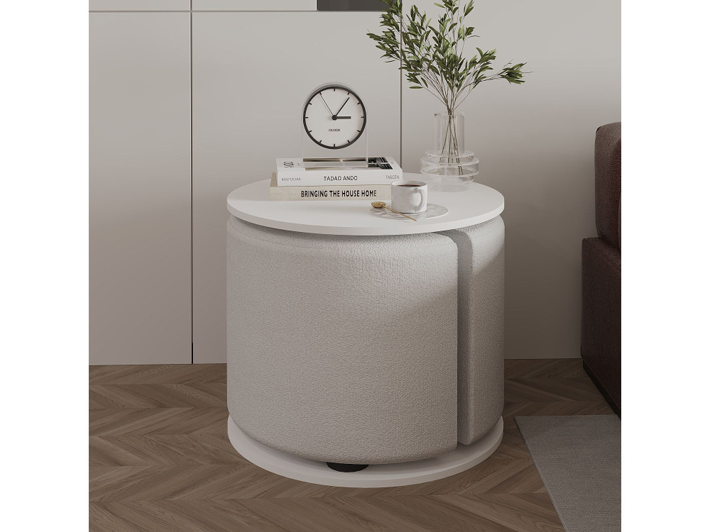 Mesa de apoio "Vexana" com banco de pés em madeira - 43 x 43 x 47 cm - Branco
