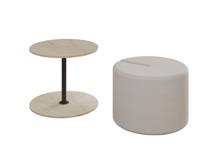 Mesa de apoio "Vexana" com banqueta de madeira - 43 x 43 x 47 cm - Travertino