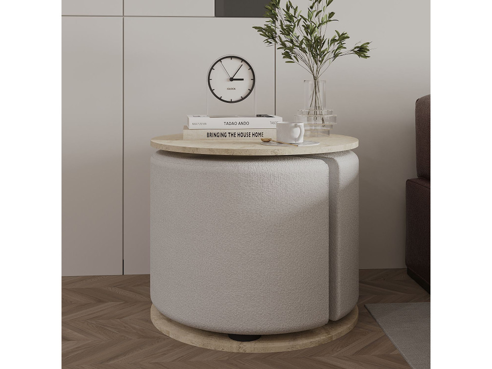 Mesa de apoio "Vexana" com banqueta de madeira - 43 x 43 x 47 cm - Travertino