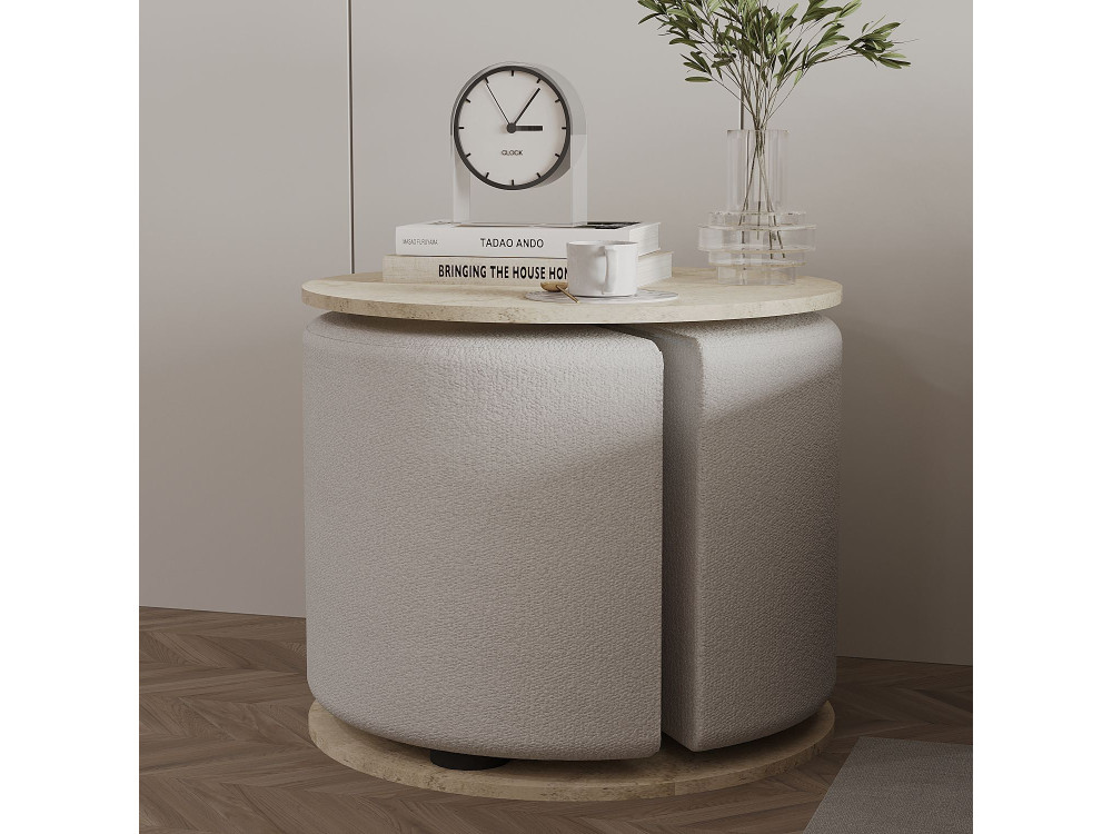Mesa de apoio "Vexana" com banqueta de madeira - 43 x 43 x 47 cm - Travertino