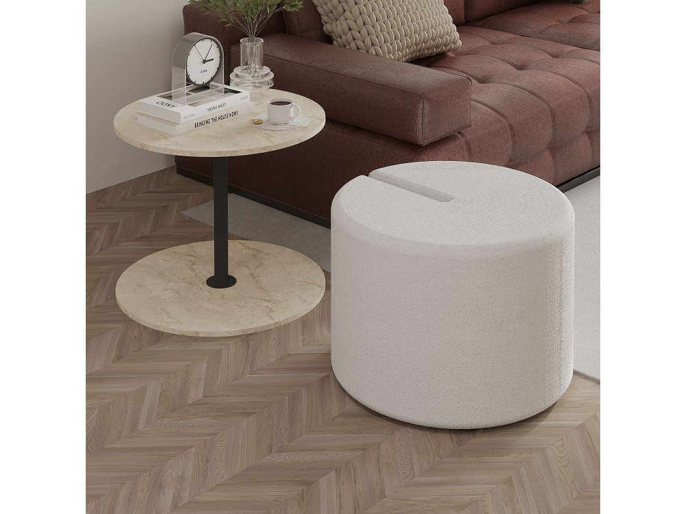 Mesa de apoio "Vexana" com banqueta de madeira - 43 x 43 x 47 cm - Travertino