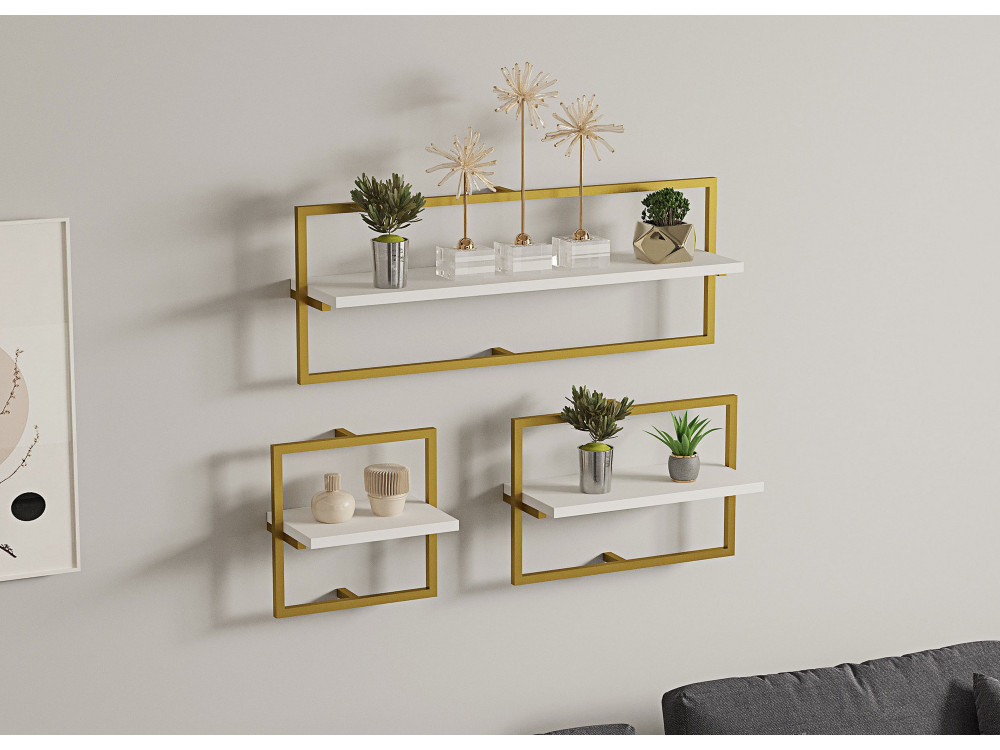 Prateleira de parede em madeira "Yeso" - 80 x 20 x 30 cm - Branco, dourado