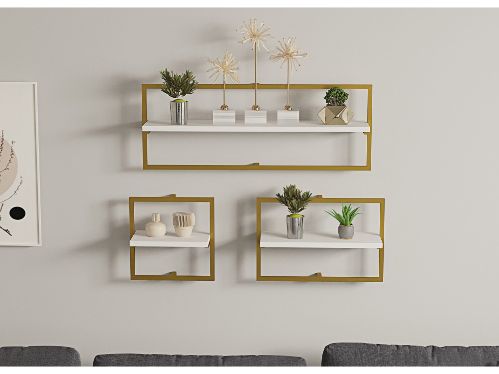 Prateleira de parede em madeira "Yeso" - 80 x 20 x 30 cm - Branco, dourado