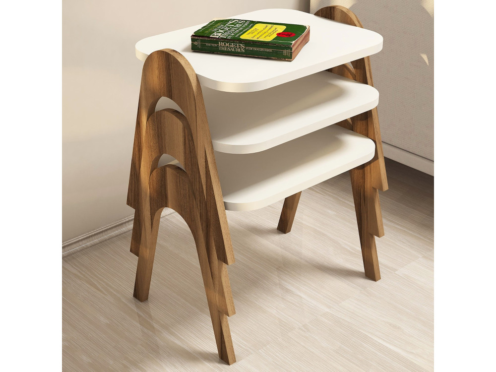 Conjunto de 3 mesas de centro "Paris" em madeira - 48 x 35 x 72 cm - Creme