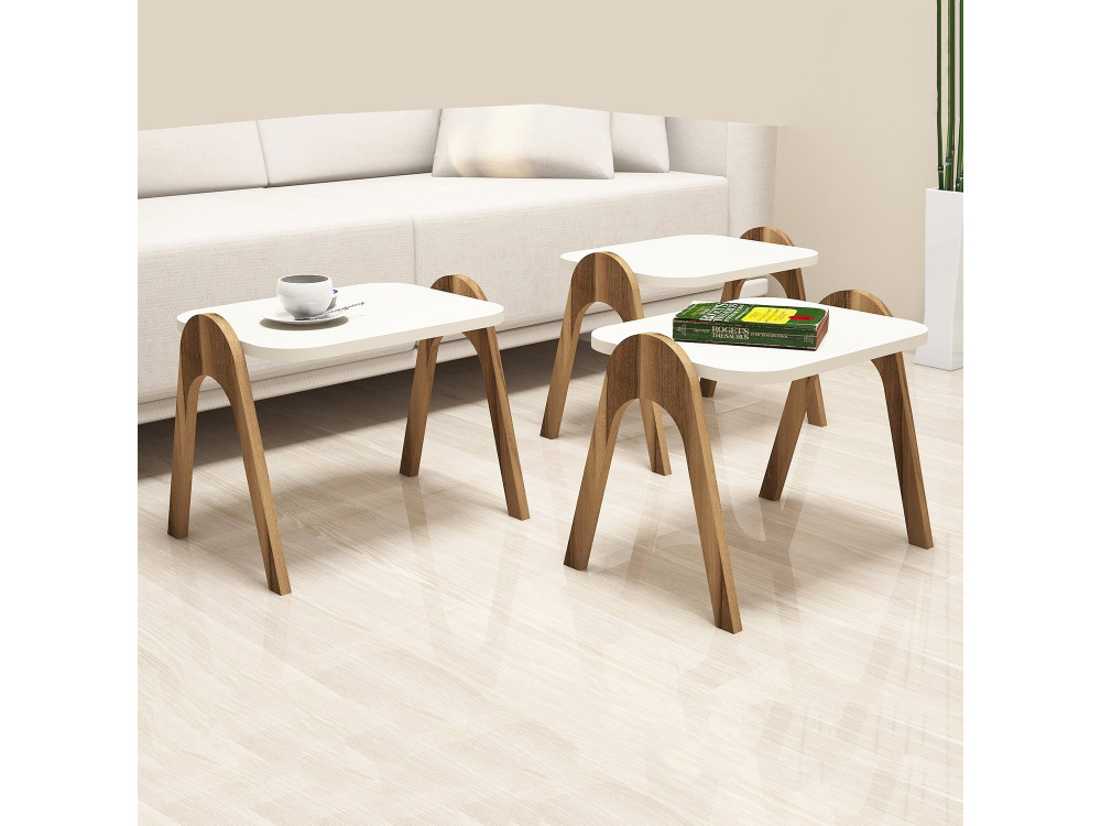 Conjunto de 3 mesas de centro "Paris" em madeira - 48 x 35 x 72 cm - Creme