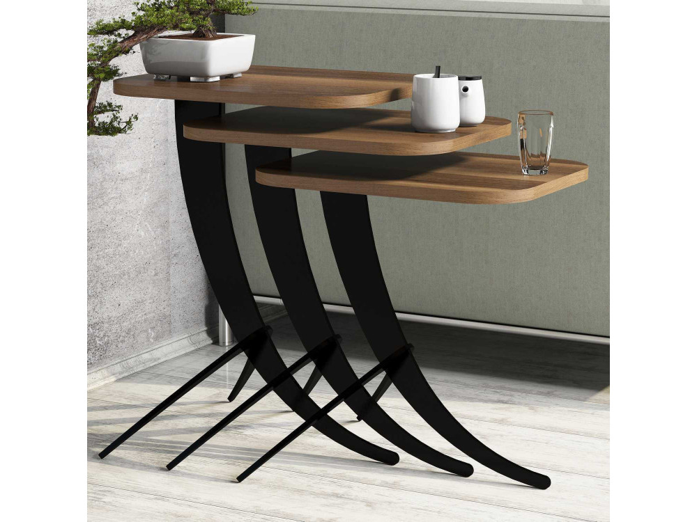 Conjunto de 3 mesas de centro "Pion" em madeira - 45 x 35 x 60 cm - Castanho