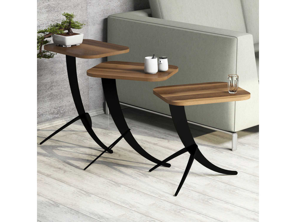 Conjunto de 3 mesas de centro "Pion" em madeira - 45 x 35 x 60 cm - Castanho