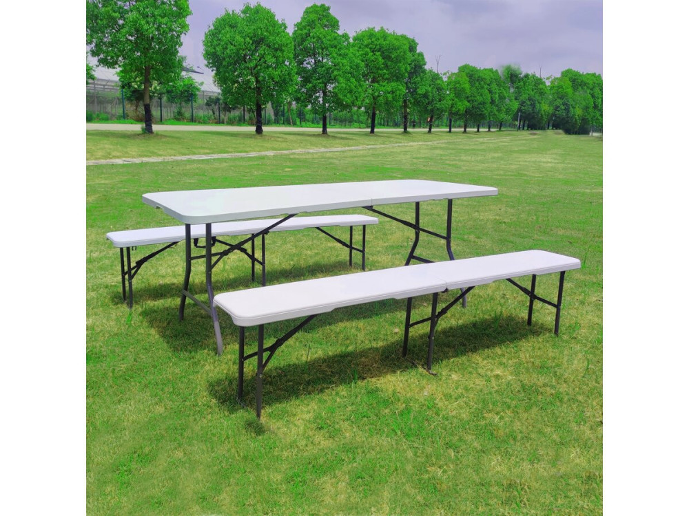 Conjunto de mesa de jardim dobrável + 2 bancos "Foldy" - Branco