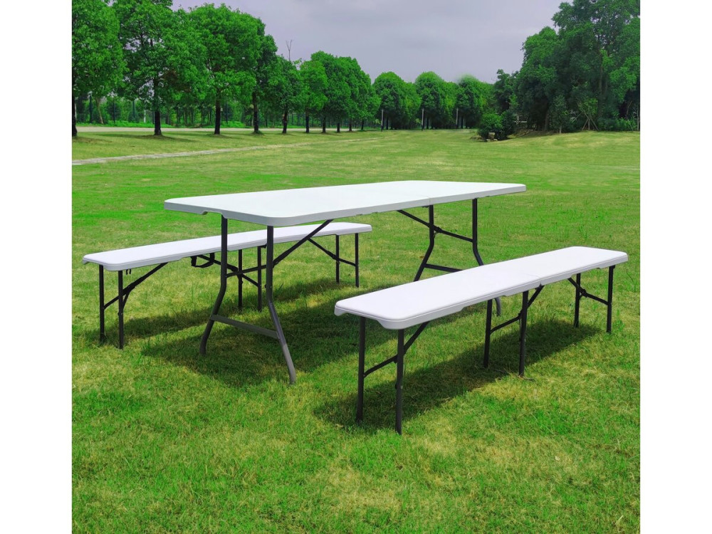Conjunto de mesa de jardim dobrável + 2 bancos "Foldy" - Branco