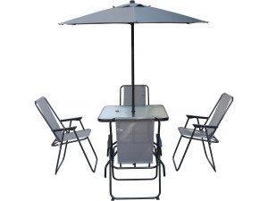 Mesa e cadeiras de jardim em metal "Convivia" com guarda-sol - 4 lugares - Cinzento claro