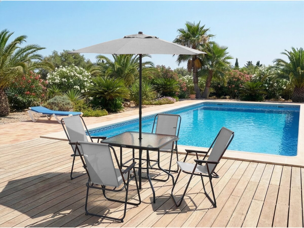 Mesa e cadeiras de jardim em metal "Convivia" com guarda-sol - 4 lugares - Cinzento claro