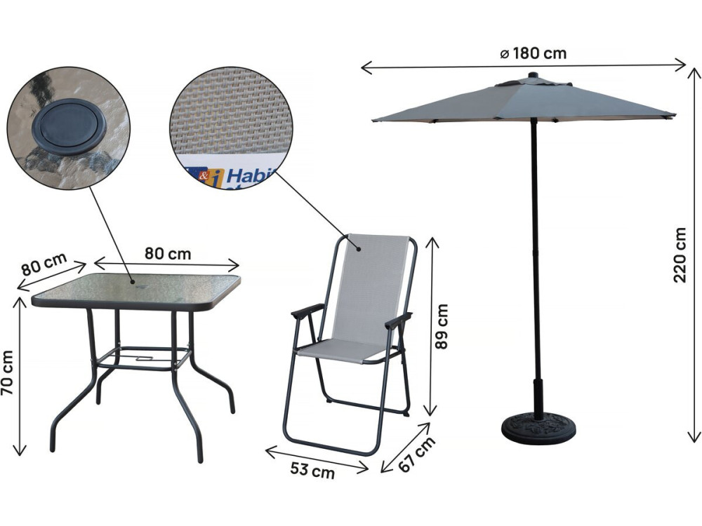 Mesa e cadeiras de jardim em metal "Convivia" com guarda-sol - 4 lugares - Cinzento claro