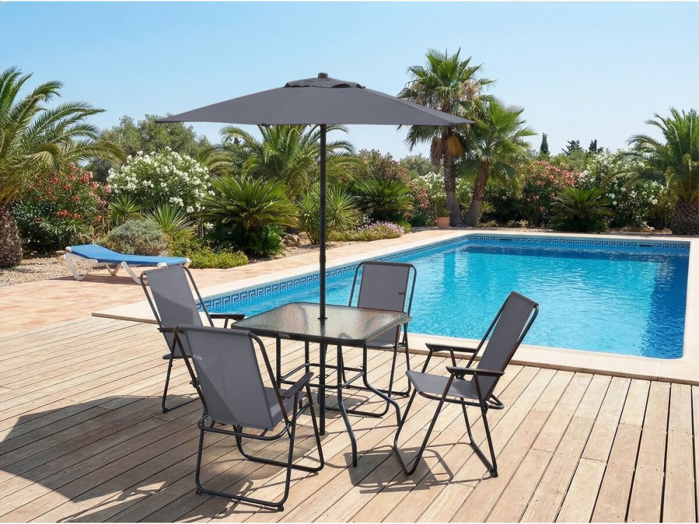 Mesa e cadeiras de jardim em metal "Convivia" com guarda-sol - 4 lugares - Cinzento antracite