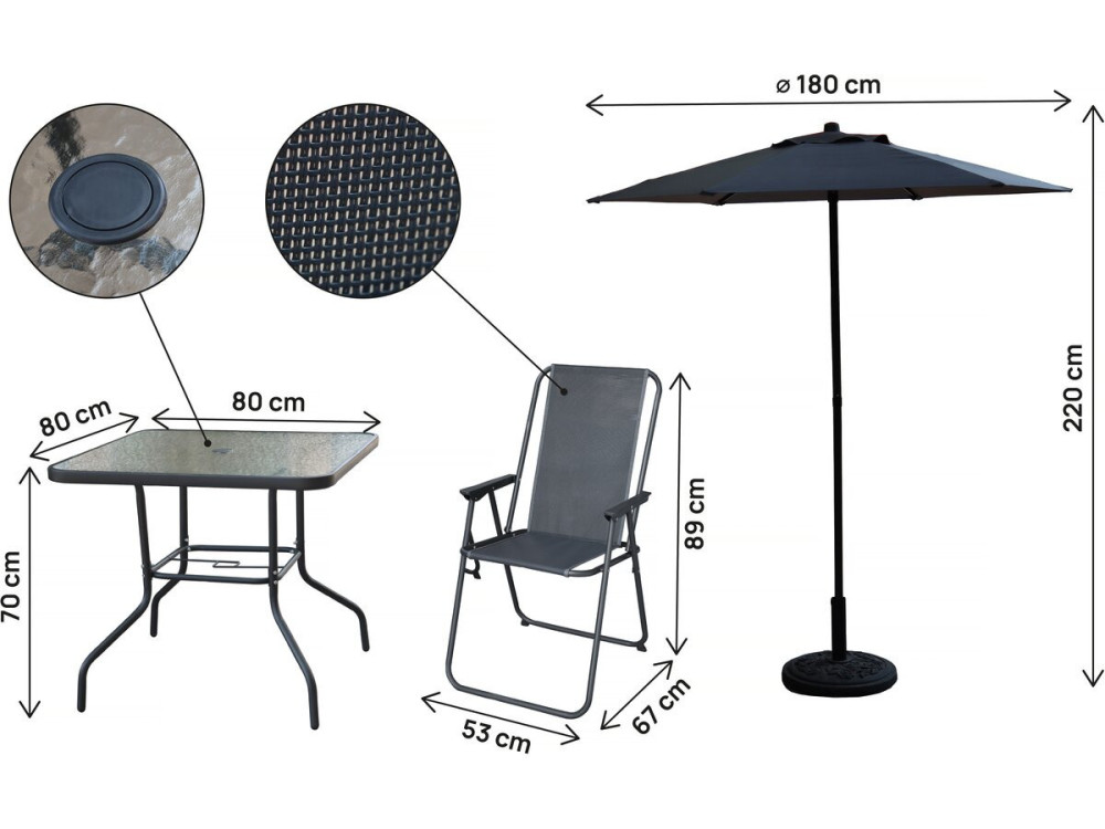 Mesa e cadeiras de jardim em metal "Convivia" com guarda-sol - 4 lugares - Cinzento antracite