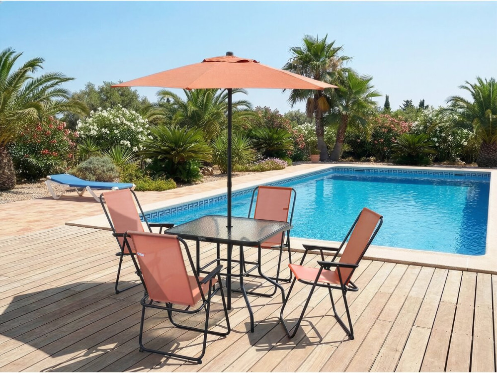 Mesa e cadeiras de jardim em metal "Convivia" com guarda-sol - 4 lugares - Terracota