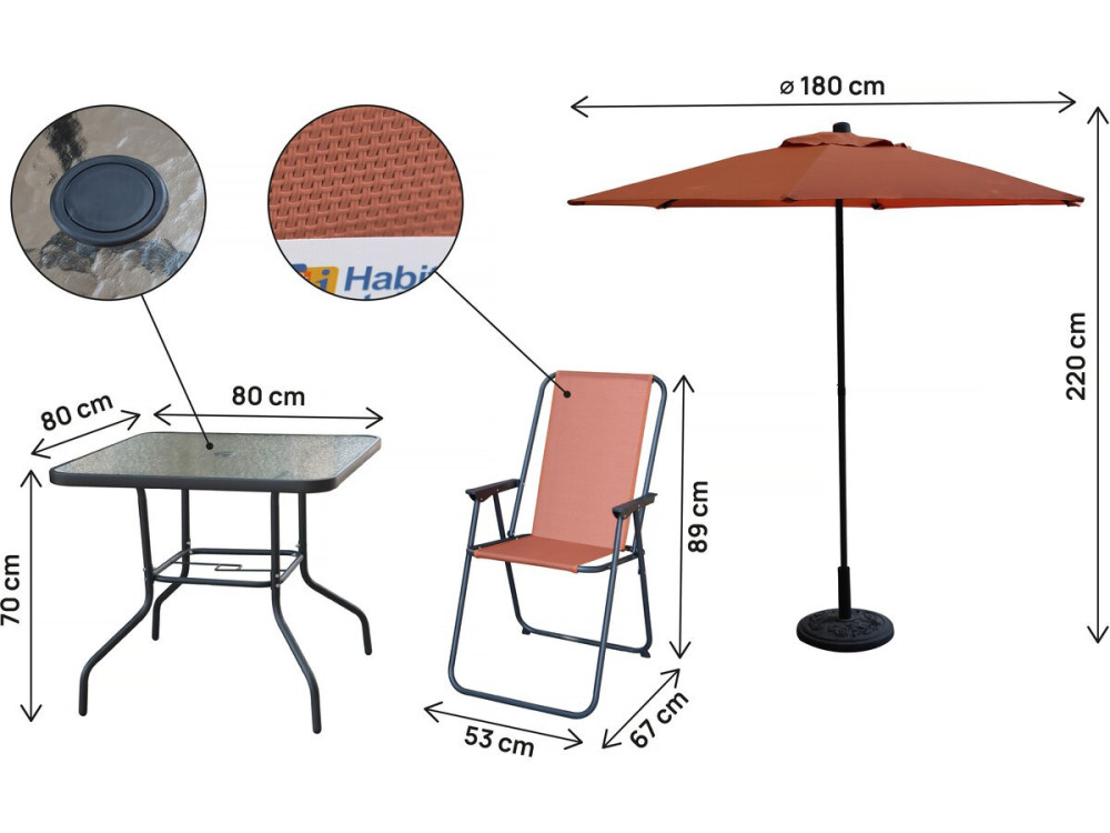 Mesa e cadeiras de jardim em metal "Convivia" com guarda-sol - 4 lugares - Terracota