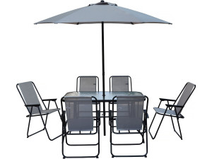 Mesa e cadeiras de jardim em metal "Convivia" com guarda-sol - 6 lugares - Cinzento claro