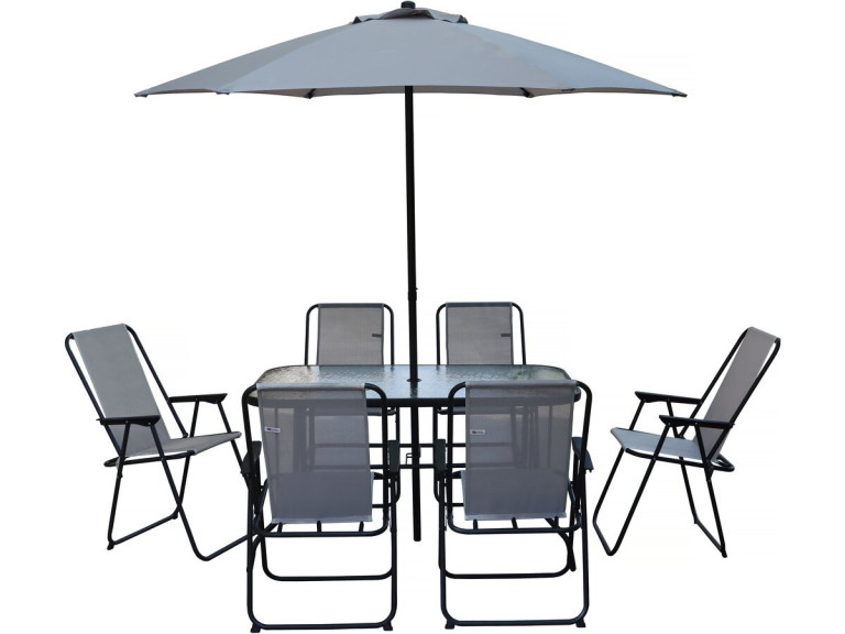Mesa e cadeiras de jardim em metal "Convivia" com guarda-sol - 6 lugares - Cinzento claro