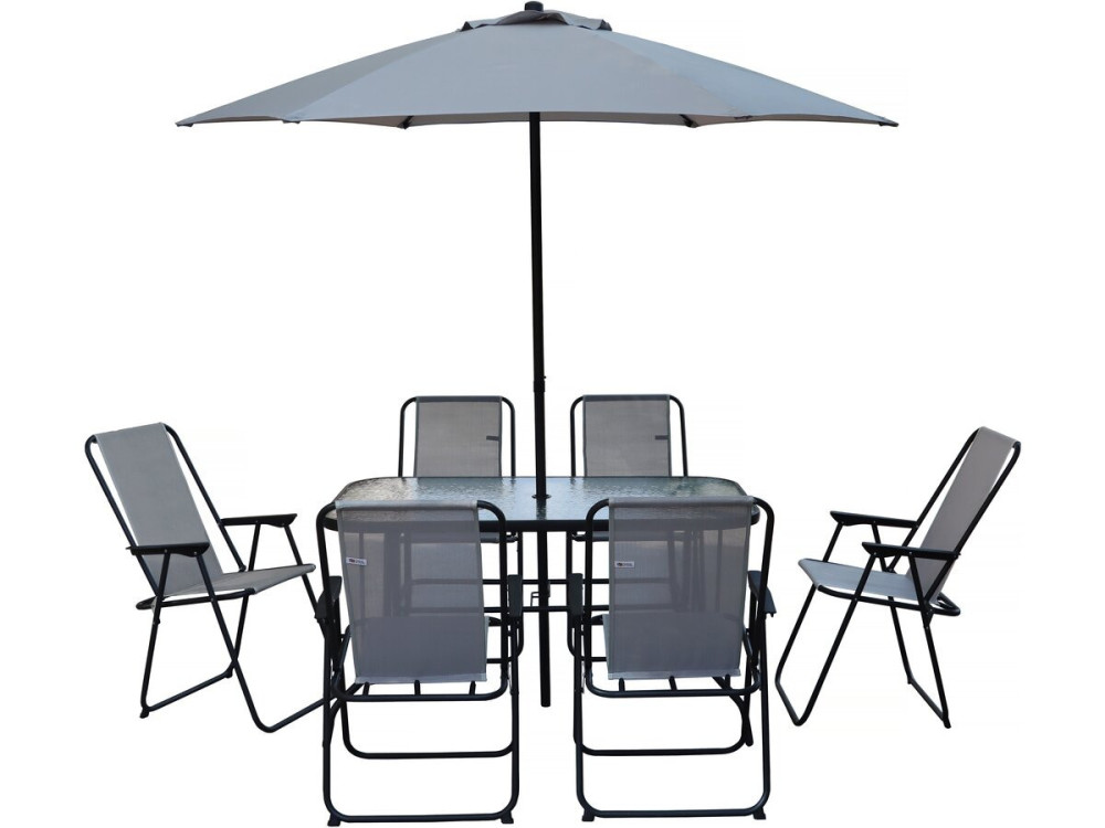 Mesa e cadeiras de jardim em metal "Convivia" com guarda-sol - 6 lugares - Cinzento claro